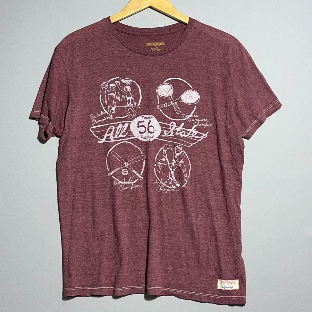 True Religion Graphic T Shirt Mens Size Large Heather Maroon Sportswear